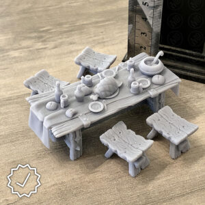 Tavolo imbandito della locanda con quattro sgabelli (4pz) Elemento scenico per giochi da tavolo
